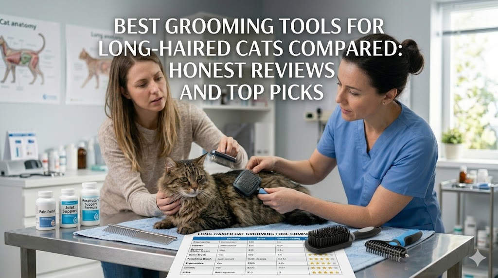 Long-haired cat being brushed, showing best grooming tools for long-haired cats and coat care routine.