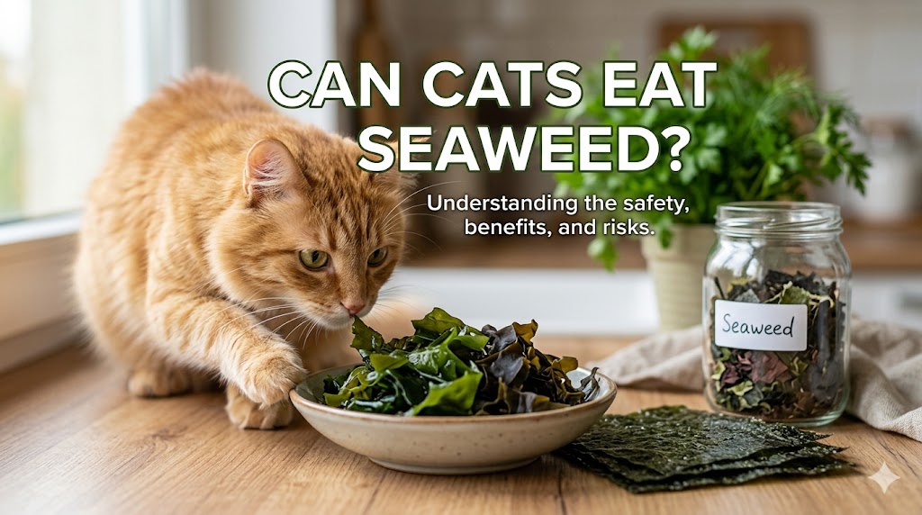 Cat sniffing a small piece of seaweed, exploring if cats can eat seaweed safely
