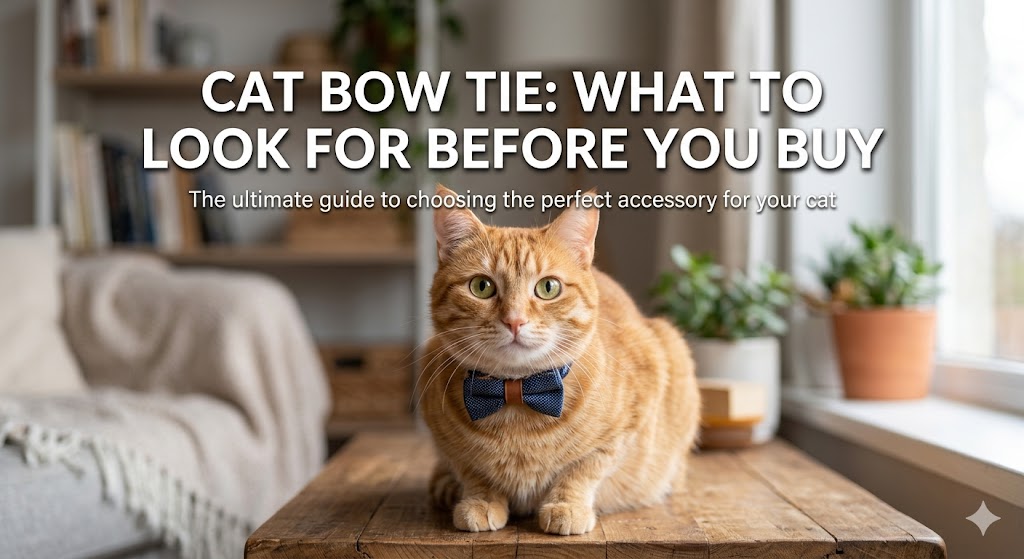 Cute cat wearing a stylish adjustable bow tie collar sitting comfortably indoors with a soft background.