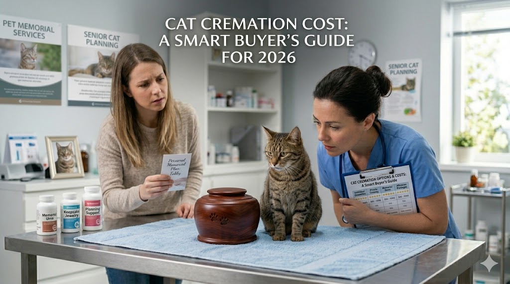 Cat urn and memorial setup, showing cat cremation cost and pet aftercare options.