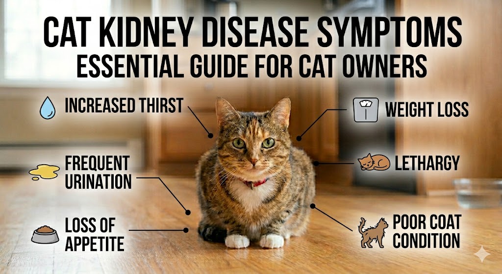 Cat showing early kidney disease symptoms while sitting tired near a water bowl at home