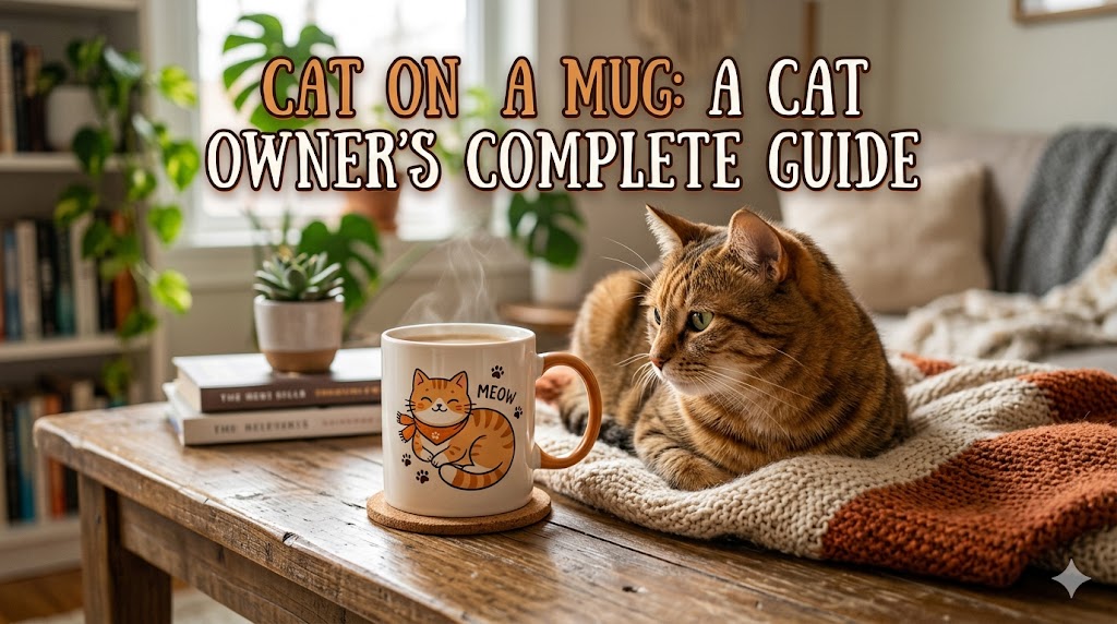 An adorable cat on a mug design that is printed on a ceramic coffee mug next to a cozy morning set-up.
