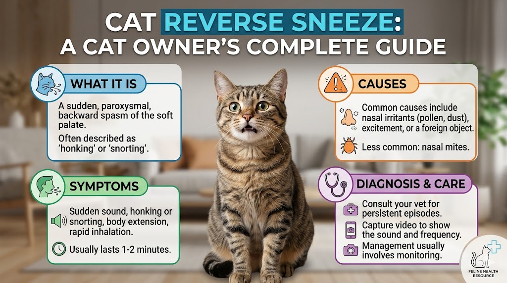 Cat showing reverse sneezing episode, highlighting cat reverse sneezing symptoms and breathing behavior