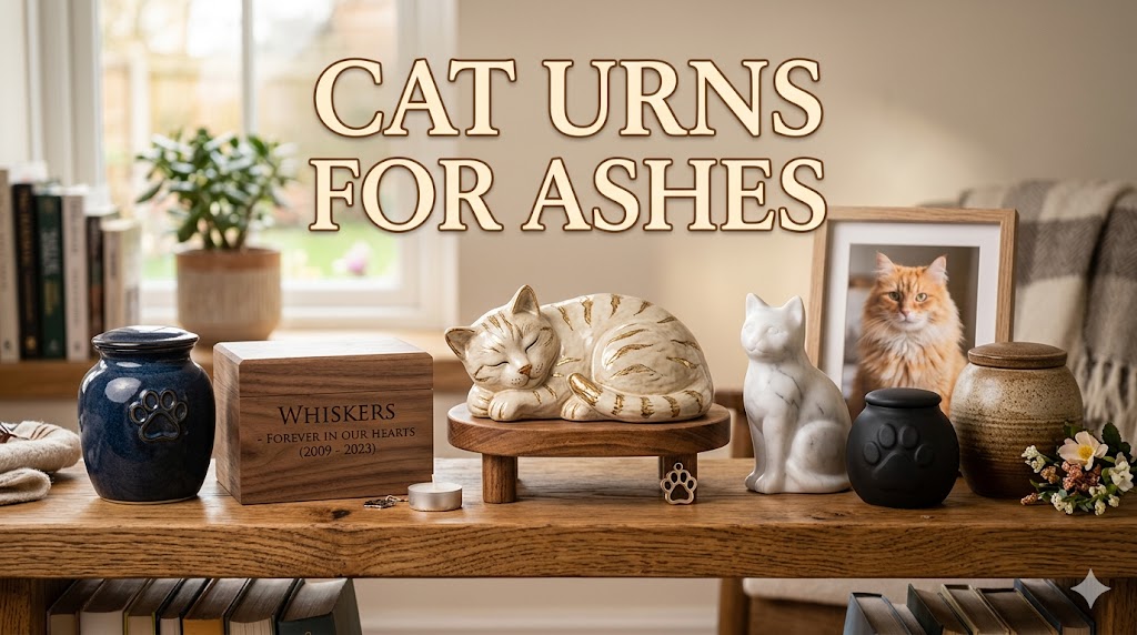 Cat urns for ashes displayed, showing memorial urn options for cats and pet remembrance.