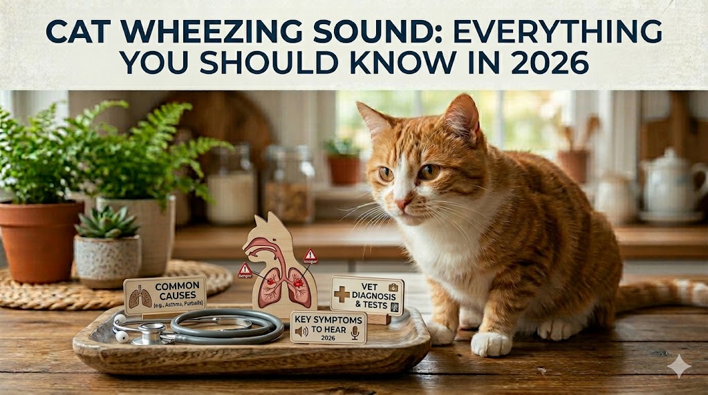 Cat with open mouth and chest effort, showing cat wheezing sound and possible respiratory issues.