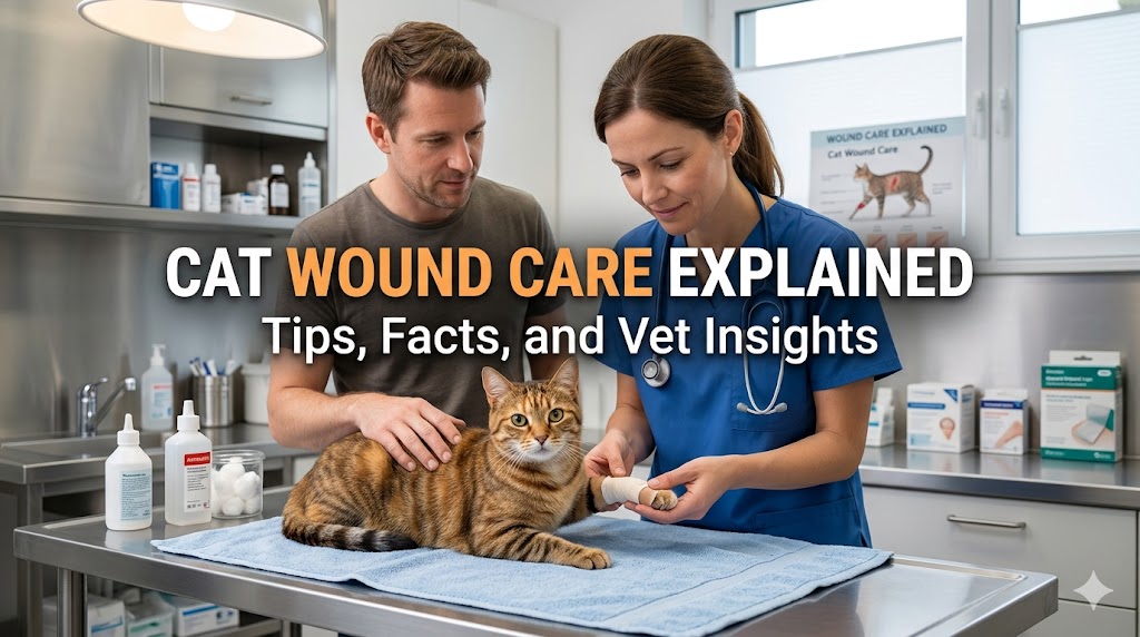 Cat wound being cleaned, showing cat wound care steps and treatment for injuries in cats