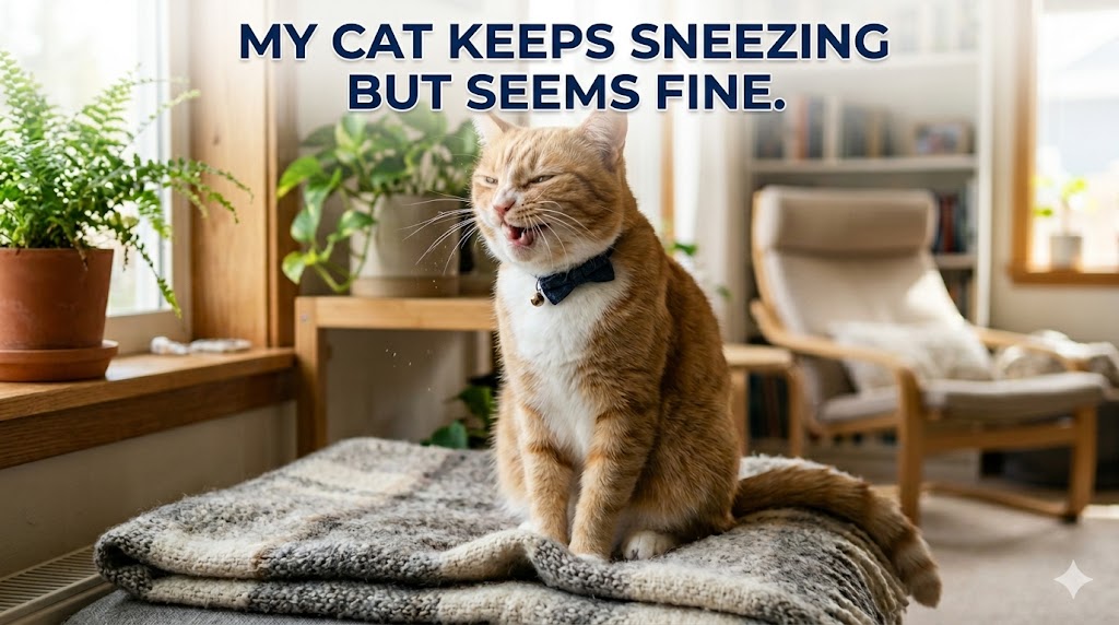 Cat keep sneezing but seems fine, showing mild sneezing while remaining active