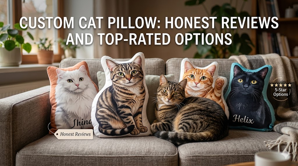 Custom cat pillow with pet photo, showing custom cat pillow design for personalized pet home decor.