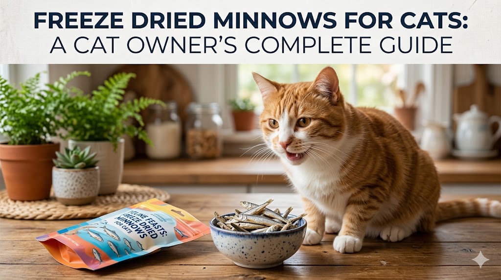 Cat eating fish treat, showing freeze dried minnows for cats as a healthy protein snack.
