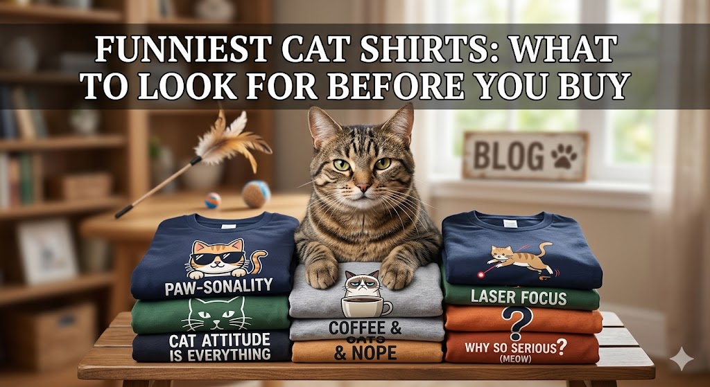 Cat wearing funny shirt showing funniest cat shirts and humorous cat lover apparel designs.