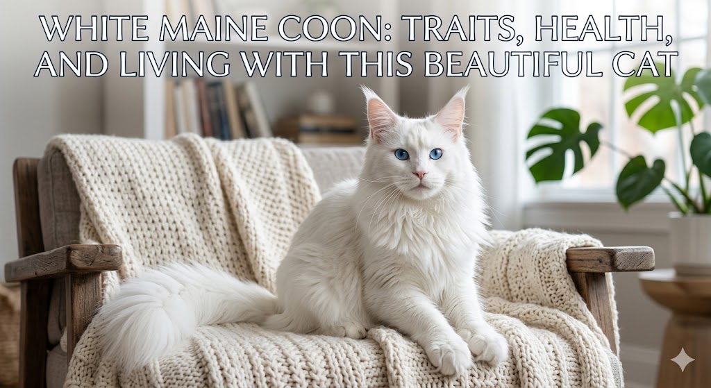 White Maine Coon cat sitting calmly showing white maine coon cat breed features and fluffy coat.