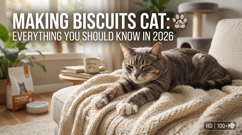 Cat kneading blanket with paws, showing making biscuits cat behavior and comfort habit.