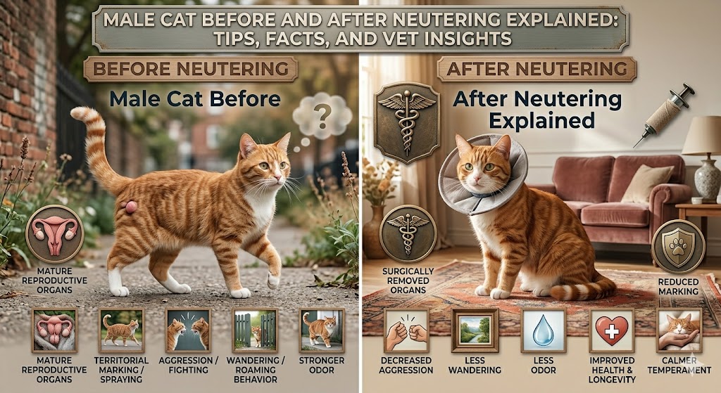 Male cat before and after neutering showing behavioral changes and recovery after surgery.