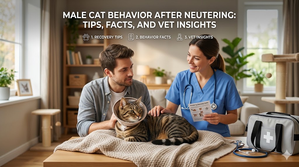 Male cat resting calmly after surgery, showing male cat behavior after neutering and recovery signs.