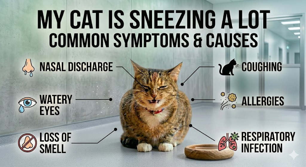Cute cat sneezing repeatedly while resting indoors, showing signs of illness and allergies