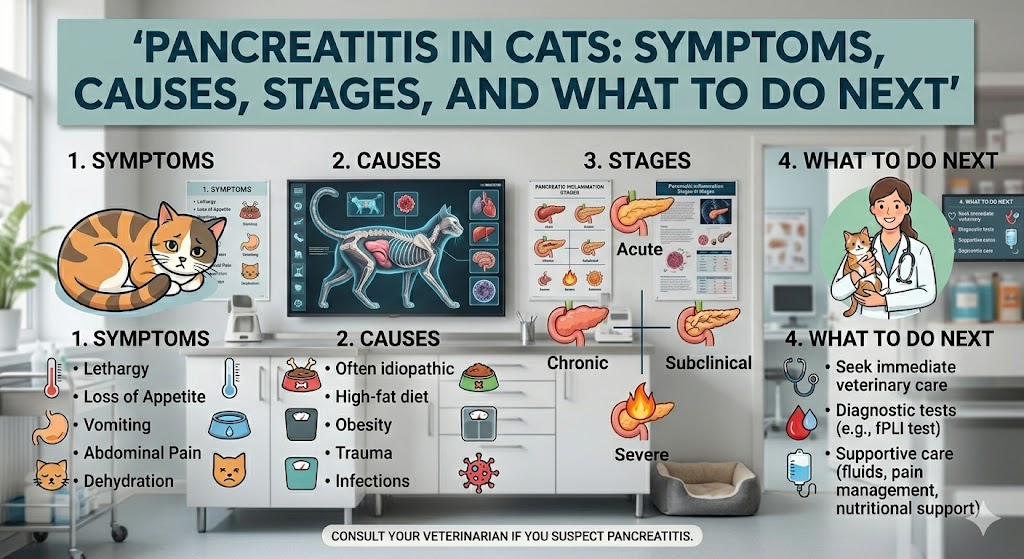 Cat appearing lethargic with reduced appetite, showing pancreatitis in cats symptoms and warning signs.