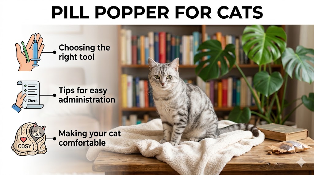 Cat owner gently using a pill popper for cats to give medicine to a calm cat at home in 2026