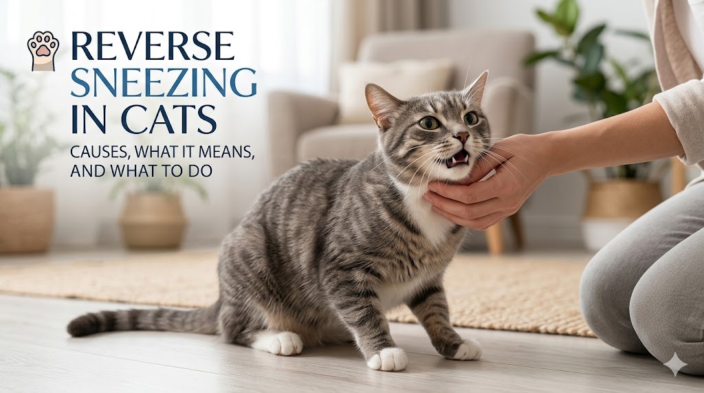 Cat making reverse sneezing sound, showing reverse sneezing in cats and temporary breathing irritation signs.