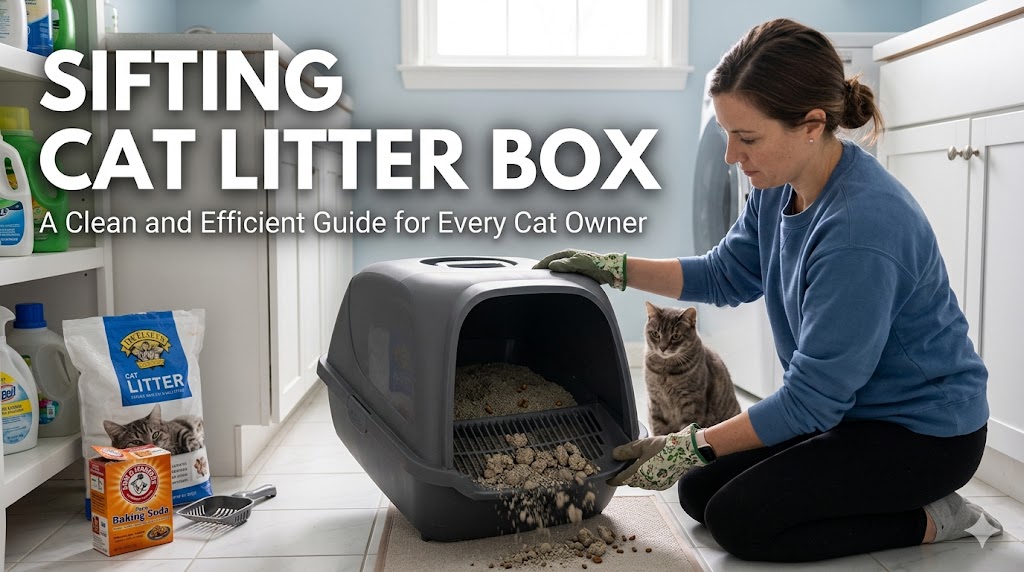 Cat using sifting cat litter box showing easy cleaning and litter maintenance system for cats.