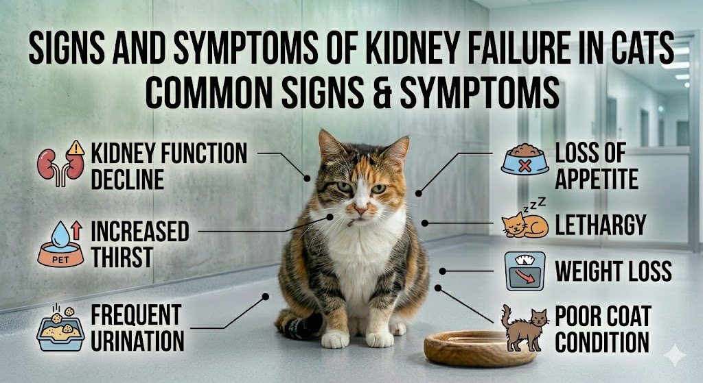 cat showing signs and symptoms of kidney failure while lying weakly.
