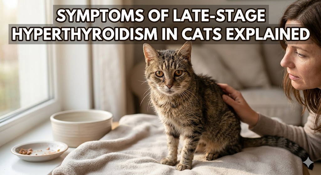 Cat showing weight loss and restlessness, highlighting symptoms of late-stage hyperthyroidism in cats and advanced warning signs.