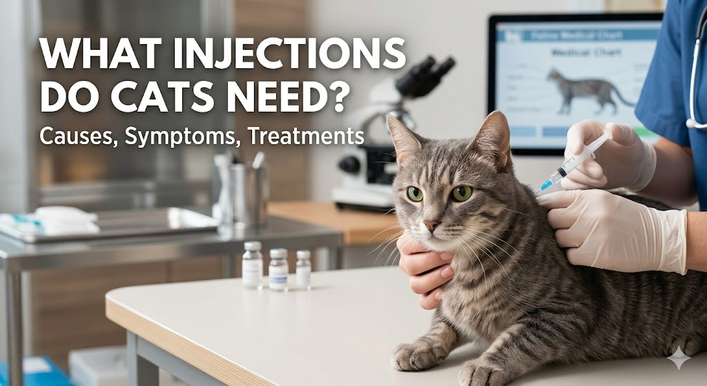 Cat receiving vaccination at vet clinic, showing what injections do cats need for core vaccines and preventive care