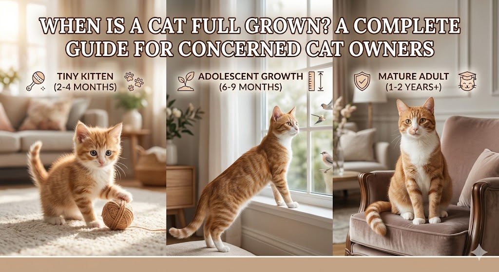 Cat at different life stages showing when a cat is full grown and feline growth milestones.