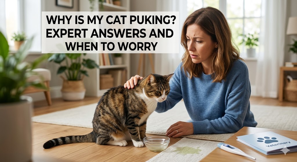 Cat vomiting on the floor, showing why is my cat puking and common digestive health concerns in cats.