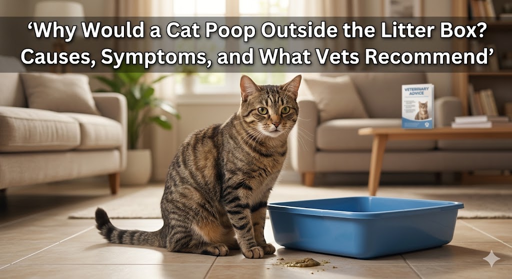 Cat near litter box showing why would a cat poop outside the litter box and common behavior causes.