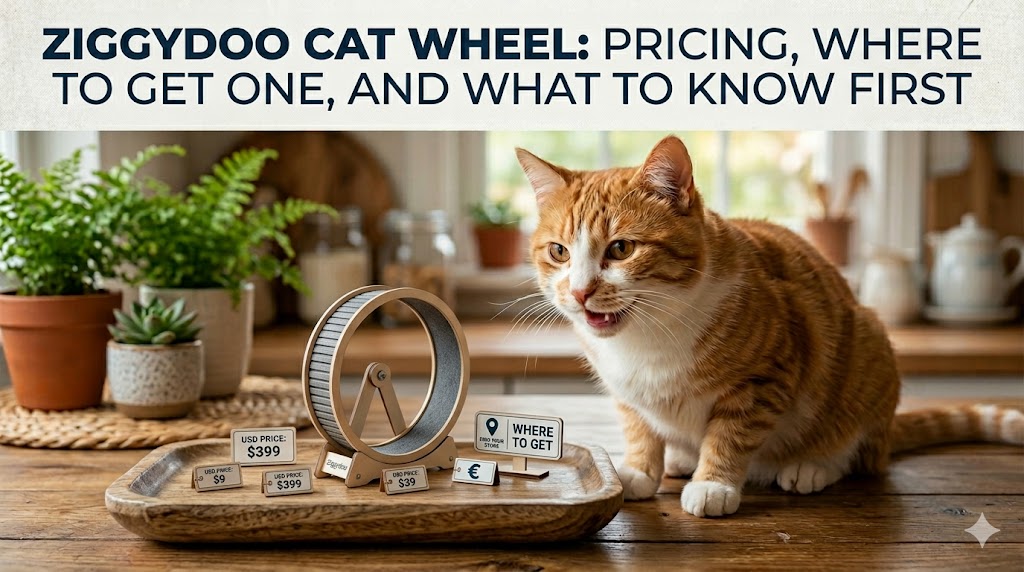 Cat running on exercise wheel, showing ziggydoo cat wheel for indoor cat activity and exercise.