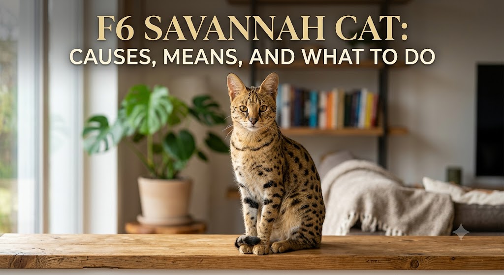 F6 Savannah cat with spotted coat and elegant build, showing F6 Savannah cat traits, temperament, and hybrid breed characteristics.
