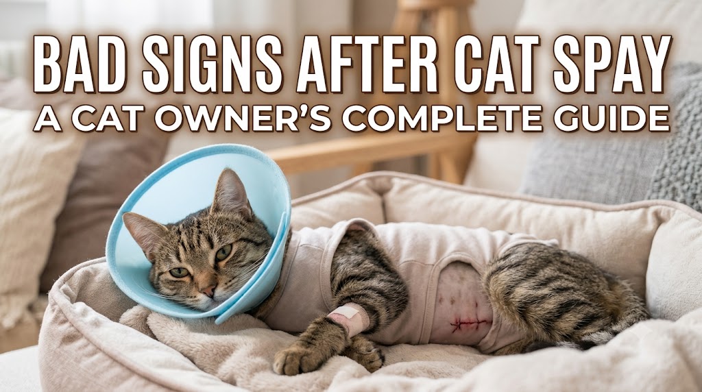 Cat resting after surgery with warning signs highlighted, showing bad signs after cat spay and post-operative complications that may need veterinary attention.
