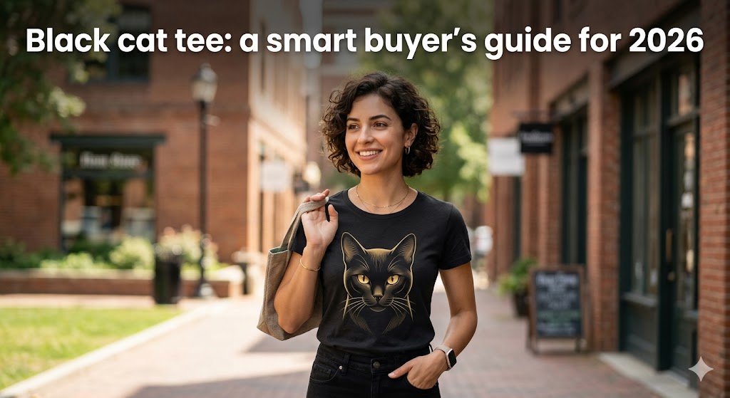 Black cat tee with cat graphic design, showing black cat tee for cat lovers and casual wear.