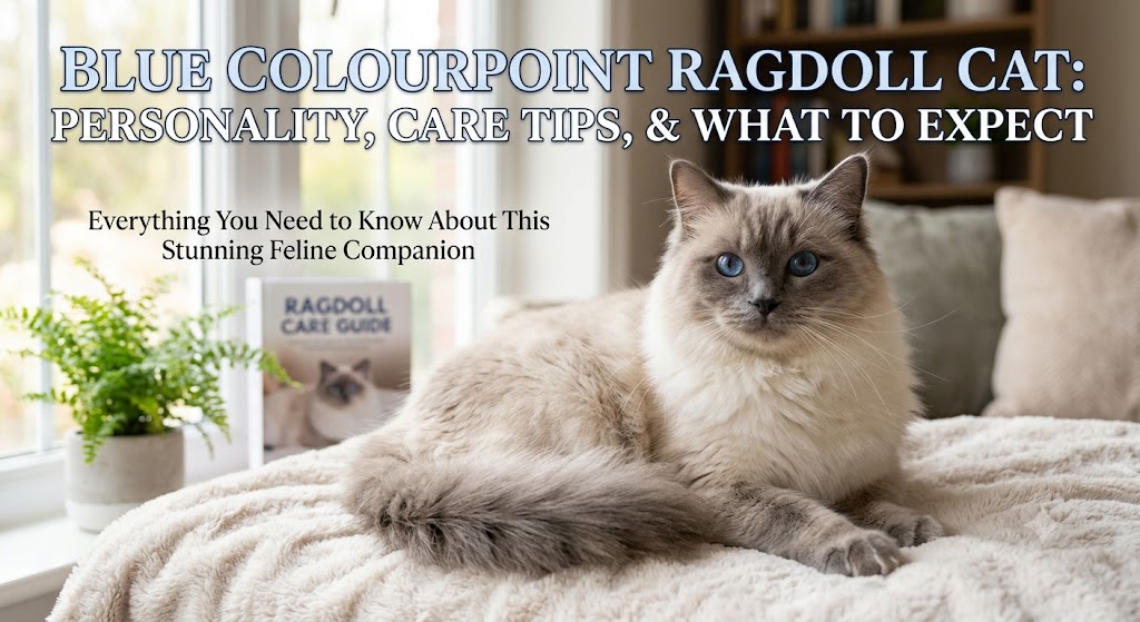 Blue colourpoint Ragdoll cat with striking blue eyes and soft coat, showing blue colourpoint Ragdoll cat traits, appearance, and breed characteristics.