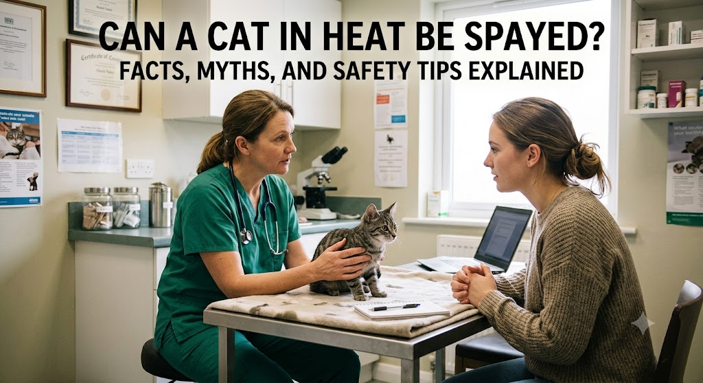 Cat in heat being examined by a veterinarian, showing can a cat in heat be spayed and important considerations for feline spay surgery during heat cycles.