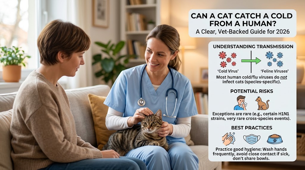 Cat sitting beside a sneezing owner, showing can cats catch a cold from human and common concerns about illness transmission between people and cats.