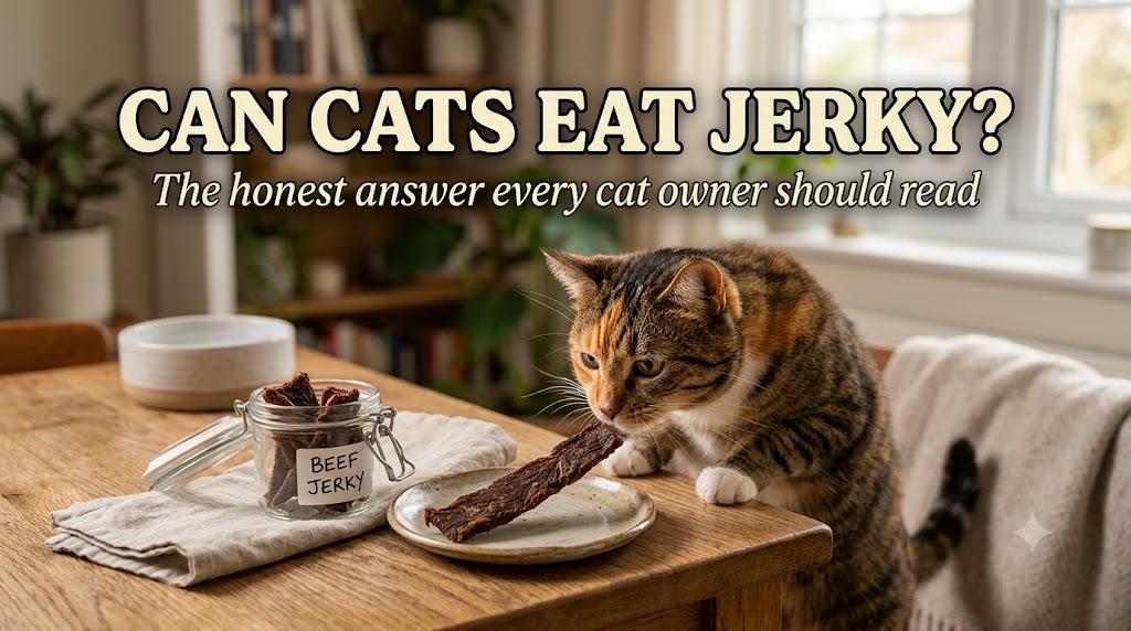 Cat sniffing a piece of jerky, showing can cats eat jerky and important pet food safety considerations for cats.