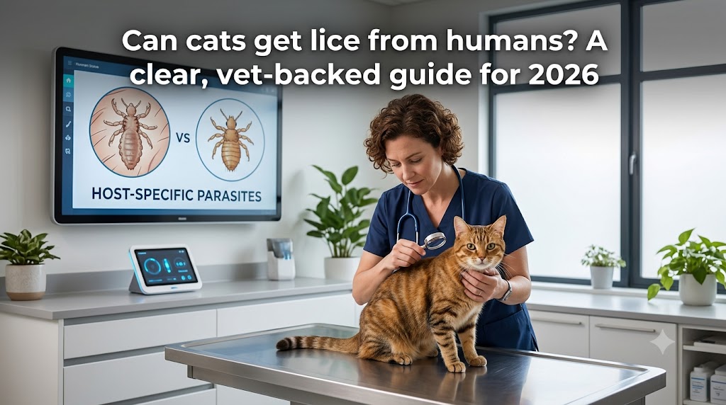 Cat grooming itself, showing can cats get lice from humans and cross-species lice transmission facts in cats.