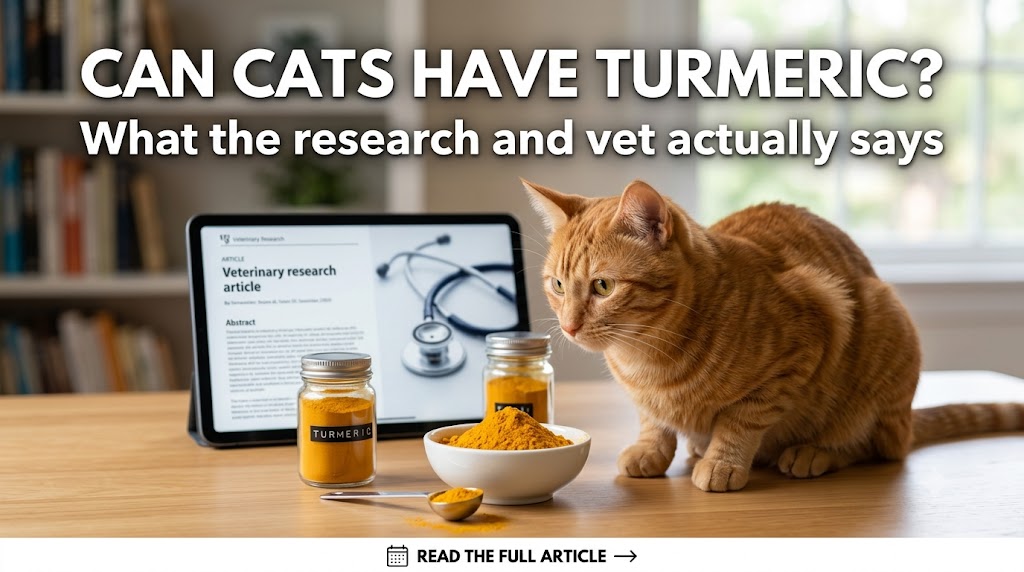 Cat sitting near food bowl with turmeric sprinkle, showing can cats have turmeric and potential dietary safety considerations for cats.