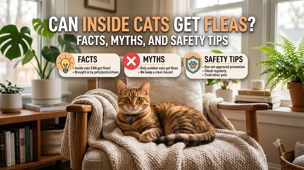 Indoor cat scratching its neck, showing can inside cats get fleas and common signs of flea infestations in house cats.