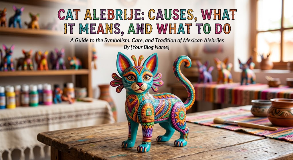 Colorful artistic cat sculpture in alebrije style, showing cat alebrije and traditional Mexican folk art inspired fantasy feline designs.