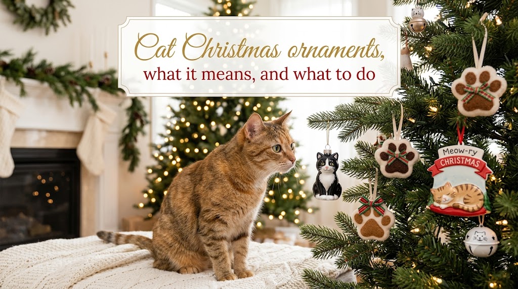 Cat Christmas ornaments hanging on a tree, showing cat Christmas ornaments for festive holiday decorations and gifts for cat lovers.