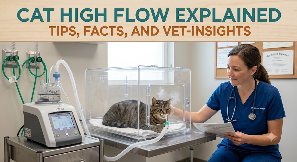 Cat receiving oxygen therapy at a veterinary clinic, showing cat high flow oxygen support and treatment for breathing difficulties in cats.