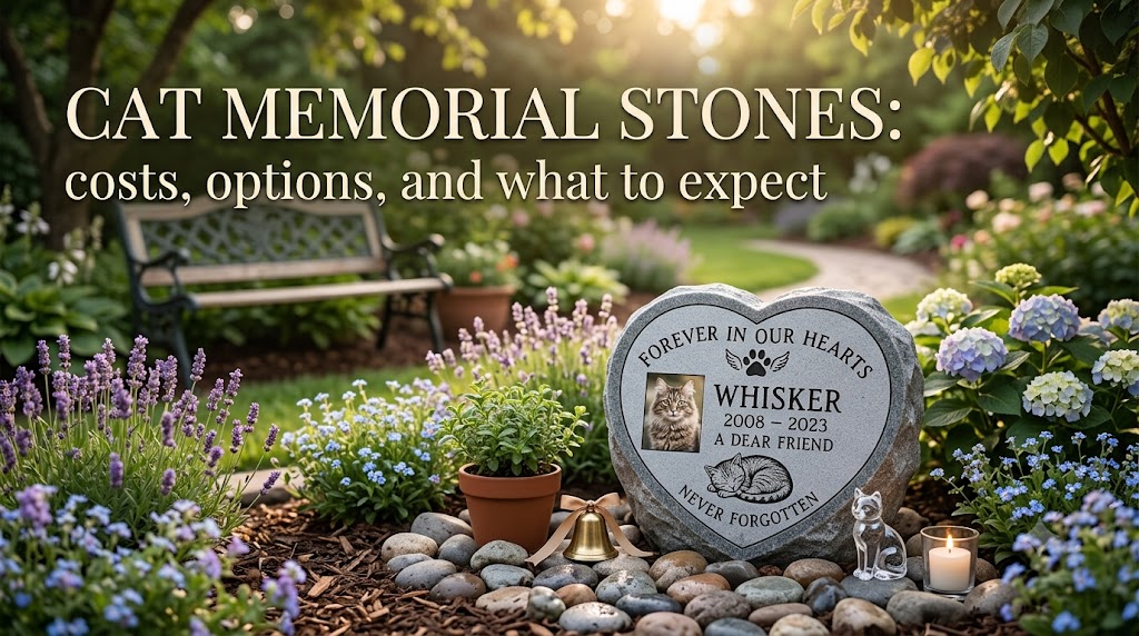 Cat memorial stones in a peaceful garden setting, showing cat memorial stones as remembrance markers for beloved pets and tribute gardens.