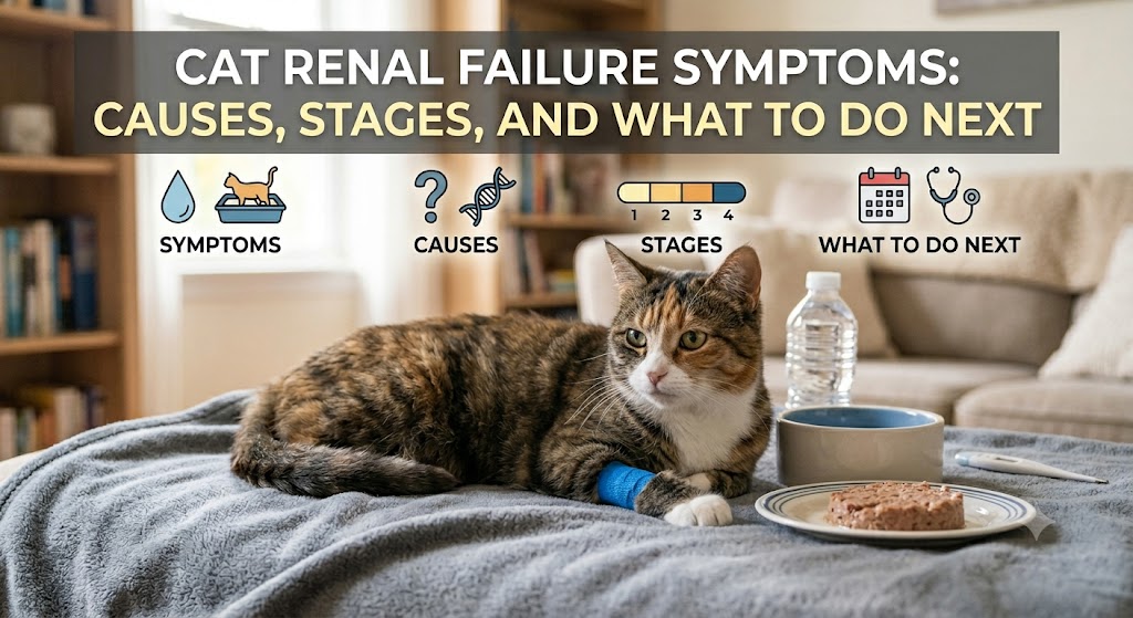 Cat appearing lethargic beside a water bowl, showing cat renal failure symptoms and common signs of kidney disease in cats.