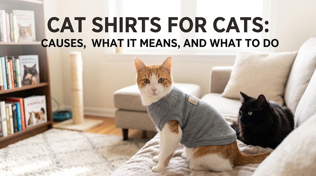Cat wearing a small cute shirt, showing cat shirts for cats and safe, comfortable pet clothing for indoor cats