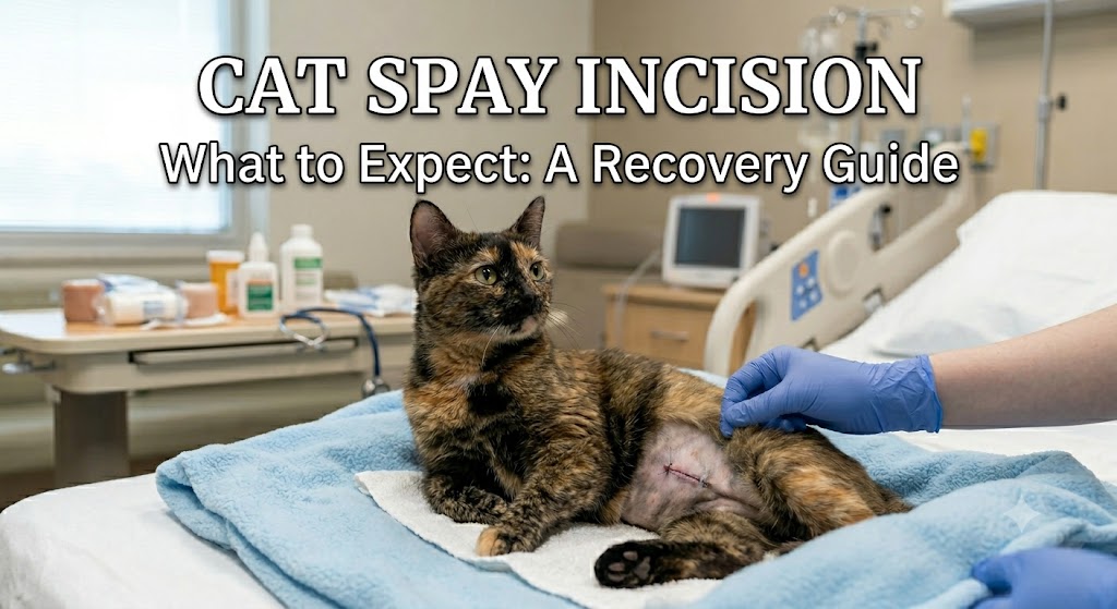 Cat resting after surgery with visible healing area, showing cat spay incision and post-operative recovery in cats.