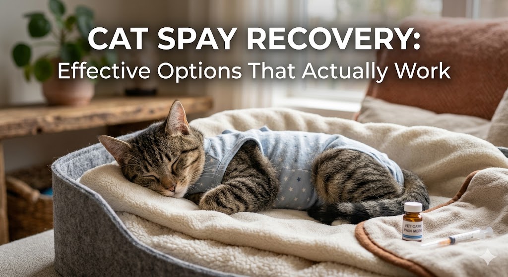Cat resting comfortably after surgery, showing cat spay recovery and healing after spaying procedure.