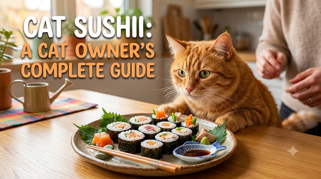 Cat sniffing a plate of sushi, showing cat sushi and cat-safe food awareness when exposing cats to human meals.