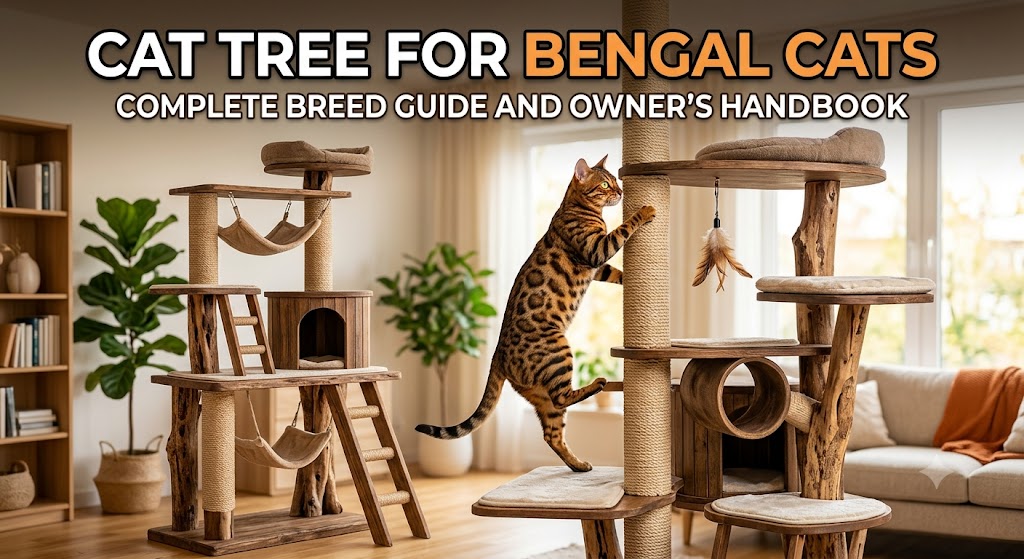 Bengal cat climbing a tall multi-level cat tree, showing cat tree for Bengal cats and sturdy enrichment furniture for active, athletic felines